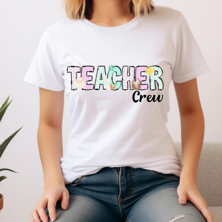 Teacher Crew Easter DTF heat transfer featuring pastel colors, cute animals, eggs, and spring elements, perfect for educators.