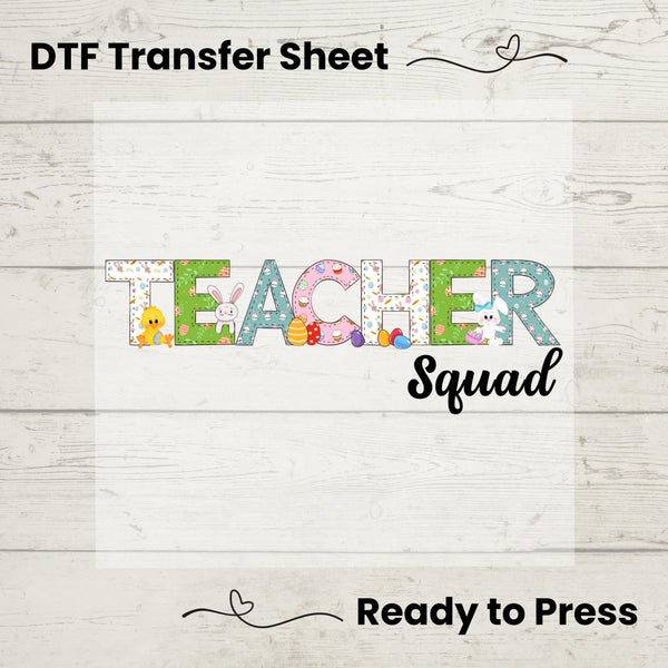 Teacher Squad Easter DTF heat transfer featuring pastel colors, cute animals, eggs, and spring elements, perfect for educators