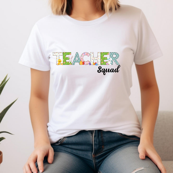 Teacher Squad Easter DTF heat transfer featuring pastel colors, cute animals, eggs, and spring elements, perfect for educators.