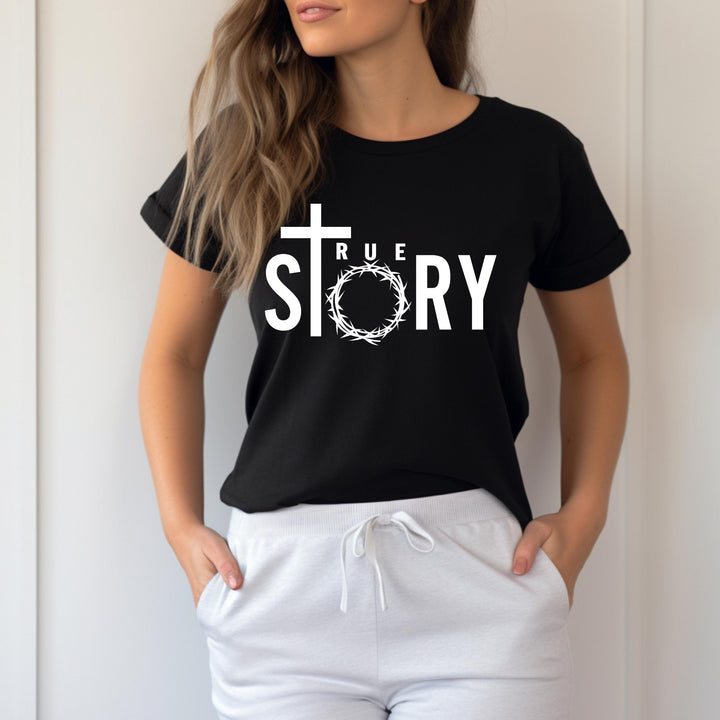 High-quality ready-to-press Christian DTF heat transfer with a 'True Story' Easter design in black typography.