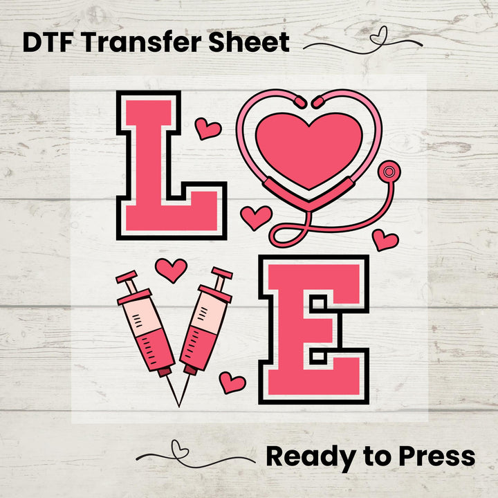 A graphic design of the word 'LOVE' with heart shapes and syringes, intended as a heat transfer vinyl design for apparel.