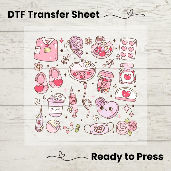 A colorful DTF transfer sheet with Valentine's Day nurse life motifs, ready to be pressed onto fabric.
