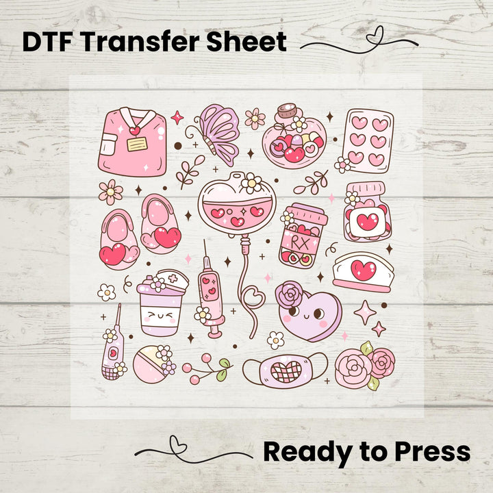 A colorful DTF transfer sheet with Valentine's Day nurse life motifs, ready to be pressed onto fabric.