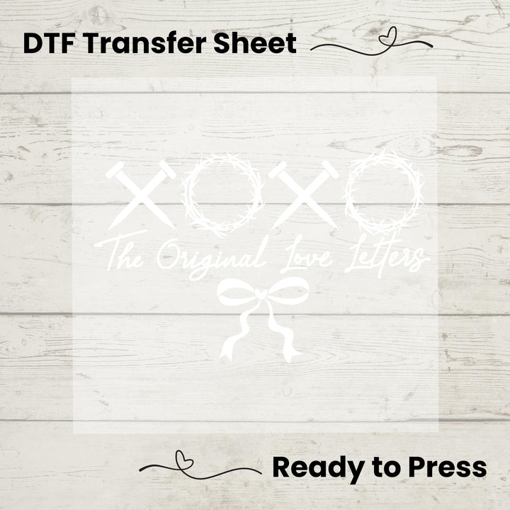 A graphic design of 'XOXO The Original Love Letters' on a white background, indicating a ready-to-press DTF (Direct to Film) transfer sheet.