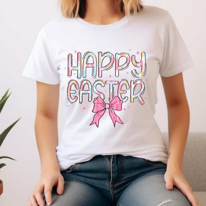 Trendy and fun pastel-themed Easter print with a stylish bow for holiday outfits.