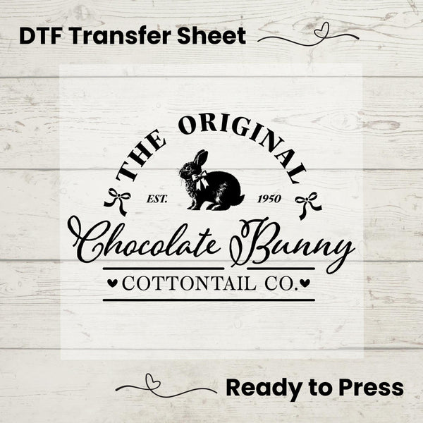 DTF Transfer featuring a hand-drawn vintage chocolate bunny with "Cottontail Co." rustic typography – perfect for Easter apparel.