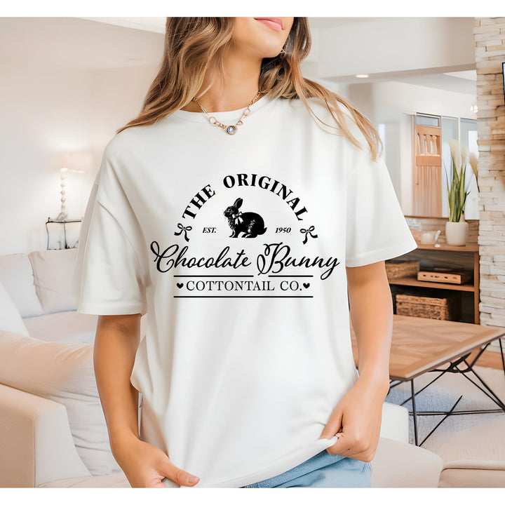 DTF Transfer featuring a hand-drawn vintage chocolate bunny with "Cottontail Co." rustic typography – perfect for Easter apparel.