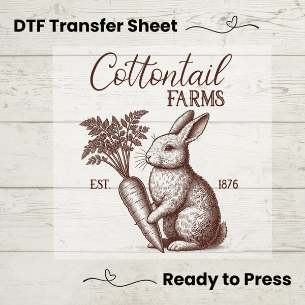 DTF Transfer featuring a vintage hand-drawn rabbit holding a carrot with "Cottontail Farms" rustic signage