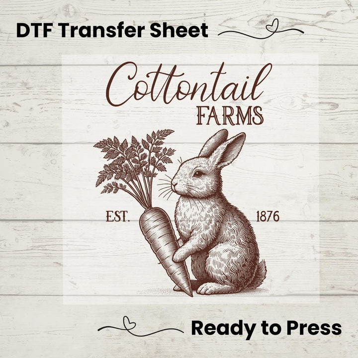 DTF Transfer featuring a vintage hand-drawn rabbit holding a carrot with "Cottontail Farms" rustic signage