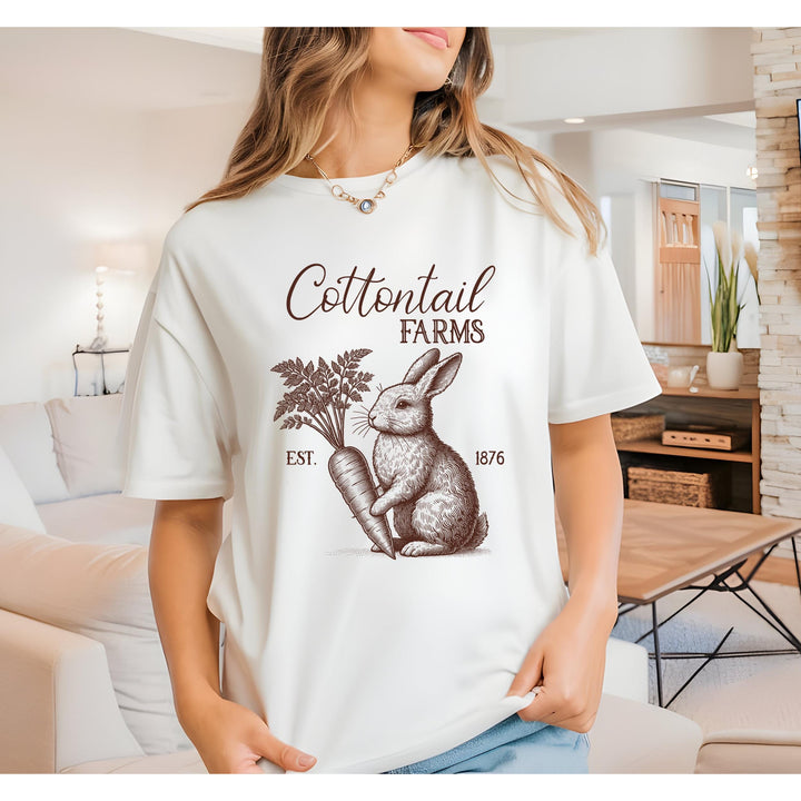 DTF Transfer featuring a vintage hand-drawn rabbit holding a carrot with "Cottontail Farms" rustic signage.