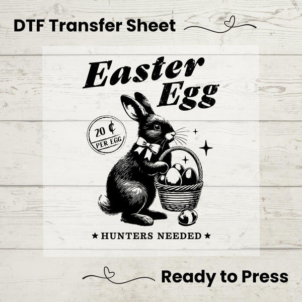 Retro-style black-and-white Easter Bunny holding an egg basket with "Easter Egg" text and "Hunters Needed" typography.