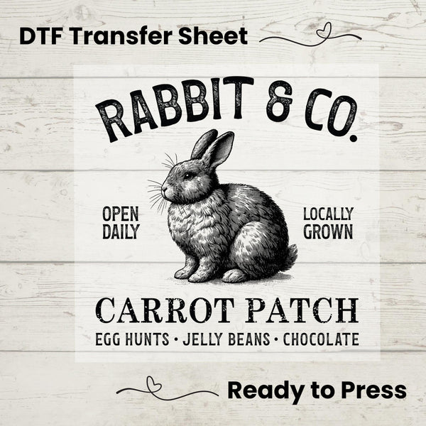 DTF Transfer featuring a hand-drawn vintage rabbit with "Rabbit & Co." and "Carrot Patch" rustic signage.