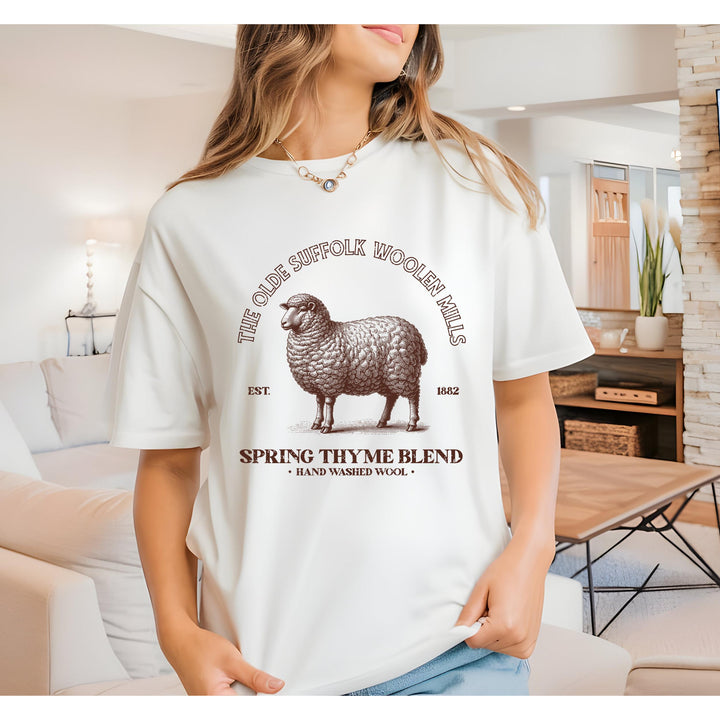 Rustic farmhouse-style DTF transfer featuring a hand-drawn Suffolk sheep and antique typography for wool mill branding.