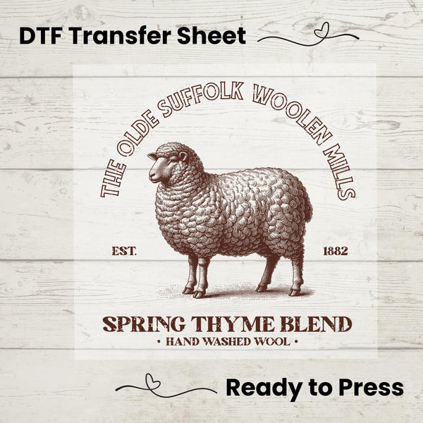 Rustic farmhouse-style DTF transfer featuring a hand-drawn Suffolk sheep and antique typography for wool mill branding.