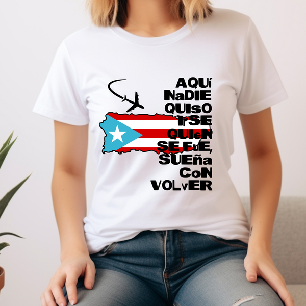 Person wearing a white t-shirt with a Puerto Rican flag design and text.
