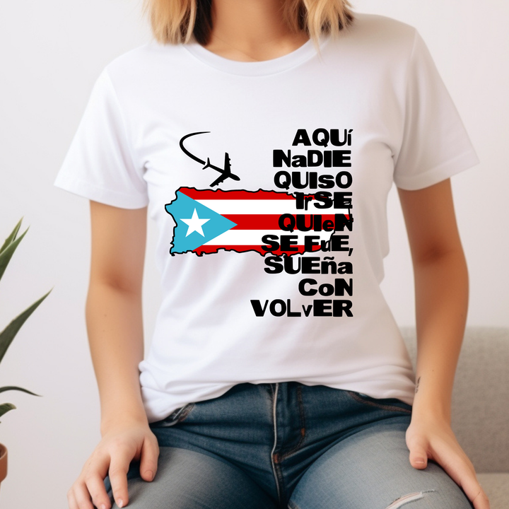 Person wearing a white t-shirt with a Puerto Rican flag design and text.
