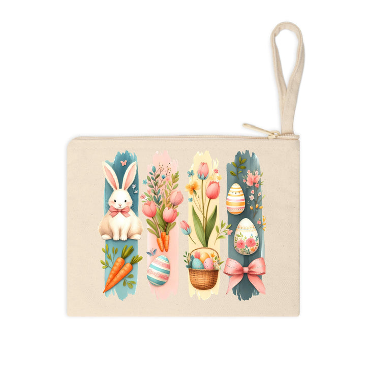 A beautifully detailed transfer featuring a pastel bunny, Easter eggs, tulips, and a festive basket.