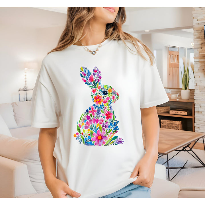 Stunning watercolor-style floral bunny silhouette, perfect for Easter and spring-themed apparel designs.