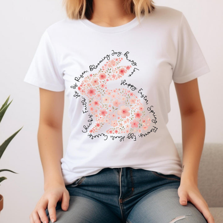 A pastel-colored floral bunny Easter design with elegant script words, perfect for spring apparel and DIY projects.