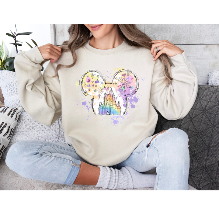 Step-by-step guide showing the heat press process for applying the Magical Castle DTF transfer.