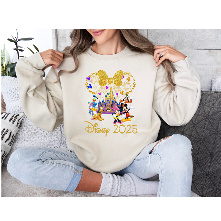 Disney Trip 2025 DTF Transfer – Minnie Bow & Mickey Friends ready-to-press heat transfer with gold glitter castle and fireworks