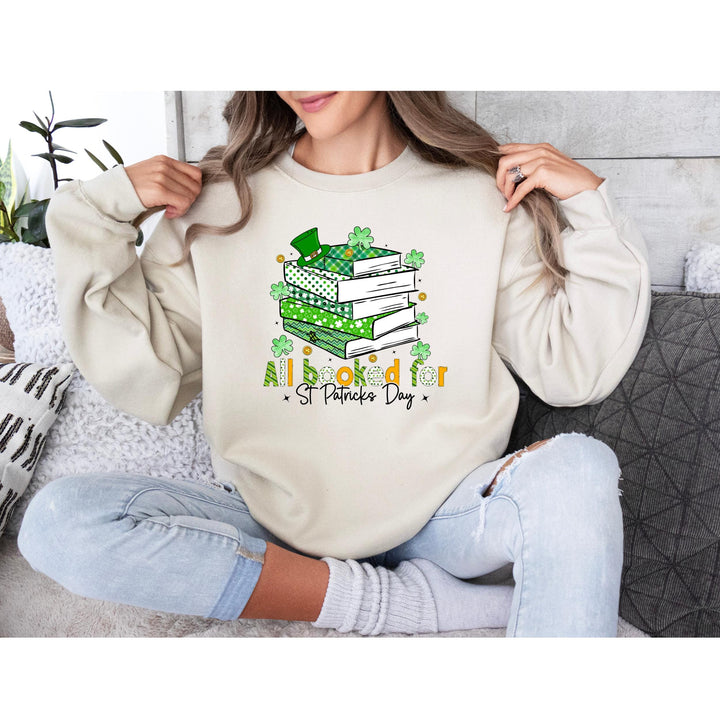 All Booked for St. Patrick’s Day DTF transfer featuring a festive green book stack, shamrocks, and leprechaun hat—perfect for DIY book-lover apparel
