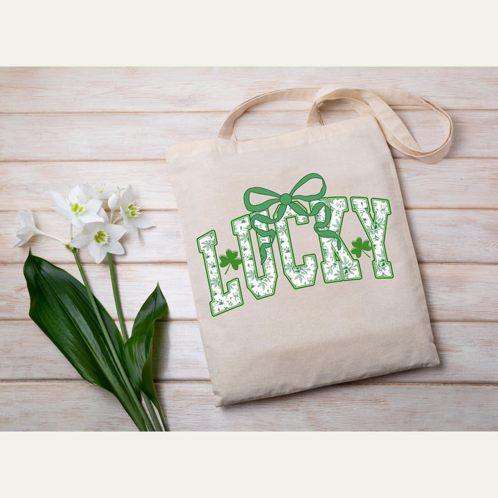 Lucky Vibes DTF Transfer – Chinoiserie Coquette St. Patrick’s Day heat press design with a retro green bow, ready to press for shirts and hoodies