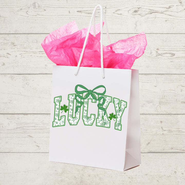 Lucky Vibes DTF Transfer – Chinoiserie Coquette St. Patrick’s Day heat press design with a retro green bow, ready to press for shirts and hoodies.