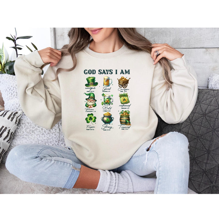 God Says I Am St. Patrick’s Day DTF transfer sheet featuring Christian affirmations, shamrocks, leprechauns, gold pots, and Bible verses for DIY apparel.