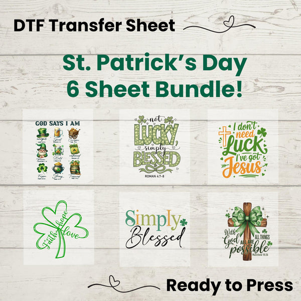 Christian St. Patrick’s Day DTF Transfer Bundle – 6 faith-based heat press designs featuring shamrocks, crosses, and Bible quotes. Ready-to-press DIY transfer sheets.