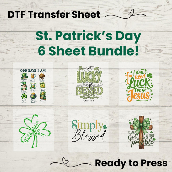 Christian St. Patrick’s Day DTF Transfer Bundle – 6 faith-based heat press designs featuring shamrocks, crosses, and Bible quotes. Ready-to-press DIY transfer sheets.