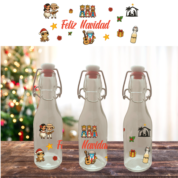 Three glass bottles with festive stickers on a wooden surface with a blurred Christmas tree in the background.