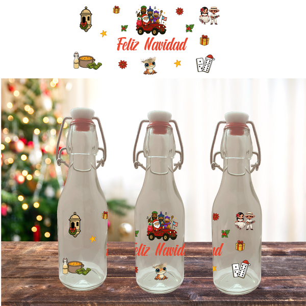 Three glass bottles with festive stickers and 'Feliz Navidad' text on a wooden surface with a blurred Christmas tree background.