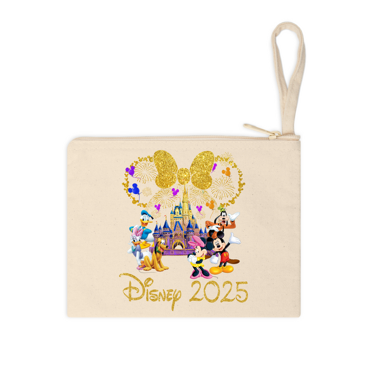Disney Trip 2025 DTF Transfer – Minnie Bow & Mickey Friends ready-to-press heat transfer with gold glitter castle and fireworks.