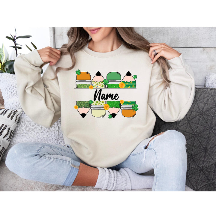 Personalized St. Patrick’s Day Teacher DTF Transfer – Custom name shamrock heat transfer featuring school elements and festive Irish design.