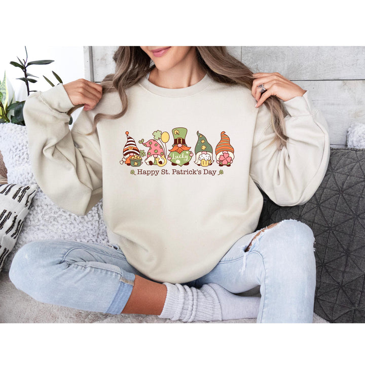 Retro St. Patrick’s Day DTF transfer featuring colorful, cute Irish gnomes with shamrocks, lucky hats, and pots of gold for DIY festive apparel.
