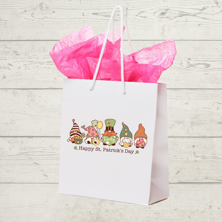 Retro St. Patrick’s Day DTF transfer featuring colorful, cute Irish gnomes with shamrocks, lucky hats, and pots of gold for DIY festive apparel.
