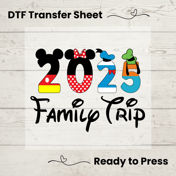 Disney Family Trip 2025 DTF Transfer – Minnie Ears ready-to-press heat transfer for custom matching vacation shirts.