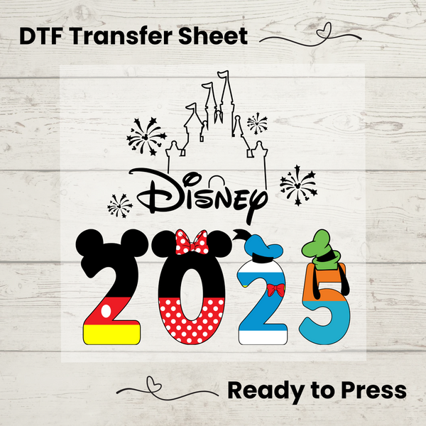 Disney Family Vacation 2025 DTF Transfer – Ready-to-press heat transfer featuring Mickey-inspired numbers, Cinderella Castle, and fireworks.