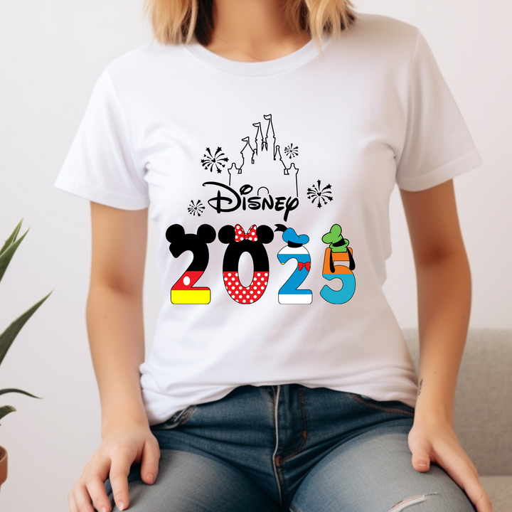 Disney Family Vacation 2025 DTF Transfer – Ready-to-press heat transfer featuring Mickey-inspired numbers, Cinderella Castle, and fireworks.