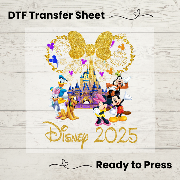 Disney Trip 2025 DTF Transfer – Minnie Bow & Mickey Friends ready-to-press heat transfer with gold glitter castle and fireworks.