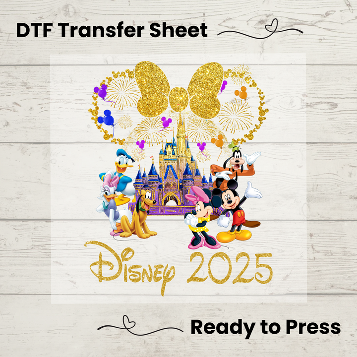 Disney Trip 2025 DTF Transfer – Minnie Bow & Mickey Friends ready-to-press heat transfer with gold glitter castle and fireworks.