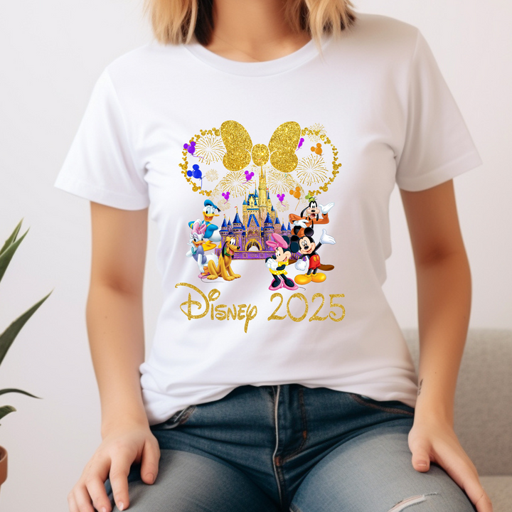 Disney Trip 2025 DTF Transfer – Minnie Bow & Mickey Friends ready-to-press heat transfer with gold glitter castle and fireworks.