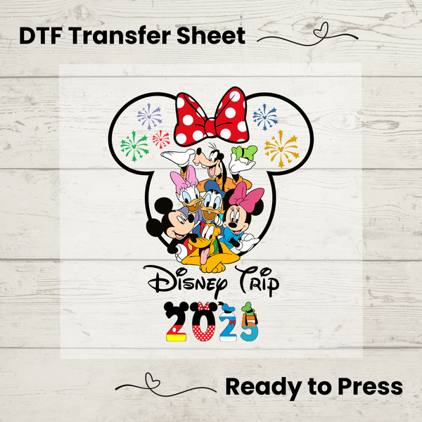 Disney Trip 2025 DTF Transfer – Minnie Ears & Mickey Friends ready-to-press heat transfer with fireworks and polka dot bow