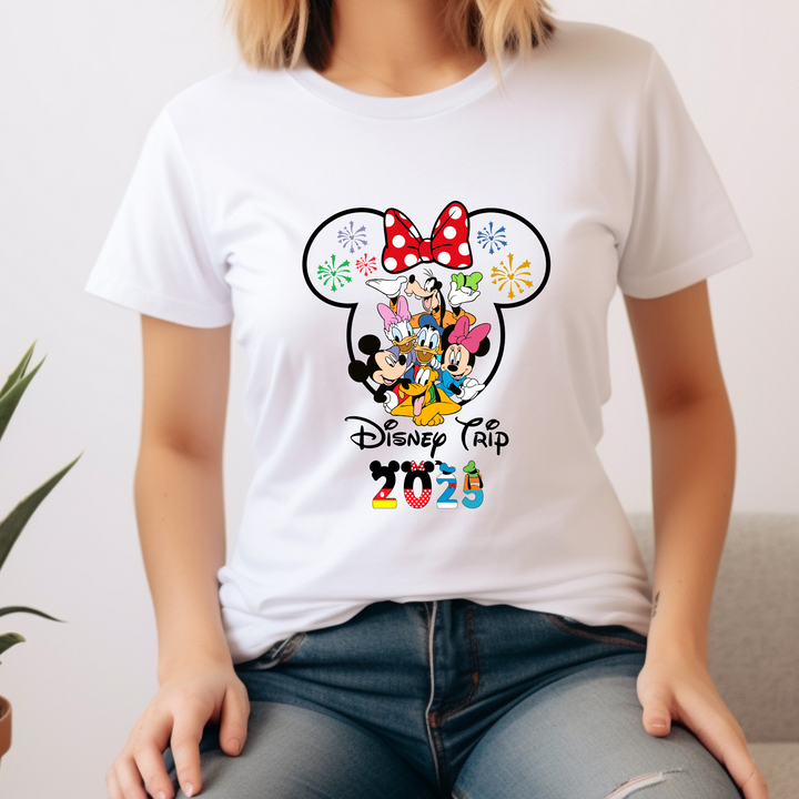 Disney Trip 2025 DTF Transfer – Minnie Ears & Mickey Friends ready-to-press heat transfer with fireworks and polka dot bow.