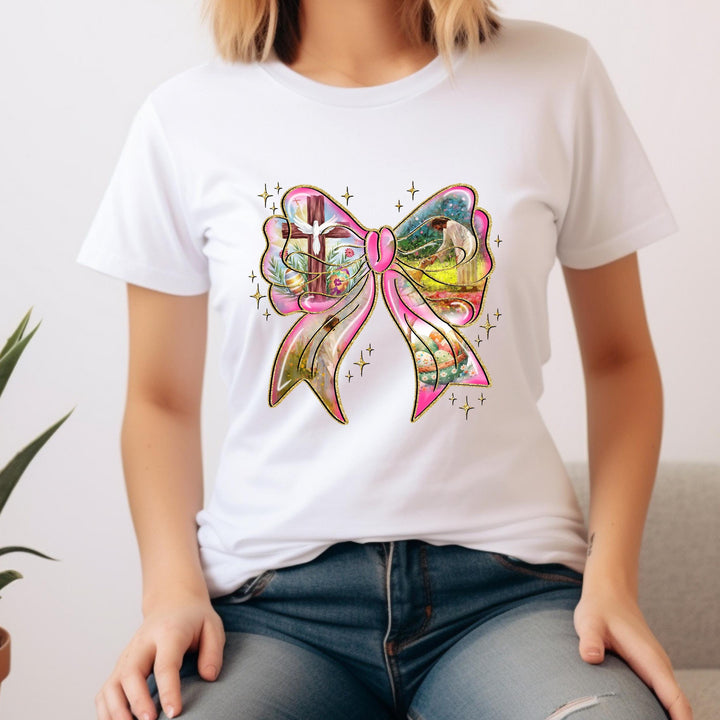 Christian-themed Coquette Bow DTF transfer for custom Easter t-shirts and stylish religious apparel.