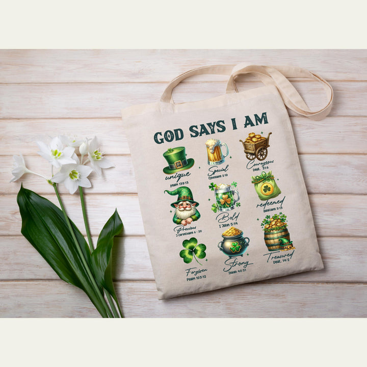God Says I Am St. Patrick’s Day DTF transfer sheet featuring Christian affirmations, shamrocks, leprechauns, gold pots, and Bible verses for DIY apparel.