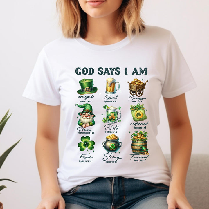 God Says I Am St. Patrick’s Day DTF transfer sheet featuring Christian affirmations, shamrocks, leprechauns, gold pots, and Bible verses for DIY apparel.