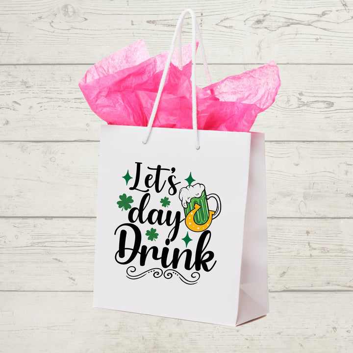 Funny Let’s Day Drink St. Patrick’s Day DTF transfer featuring shamrocks, a lucky horseshoe, and a festive green beer mug for DIY matching shirts.