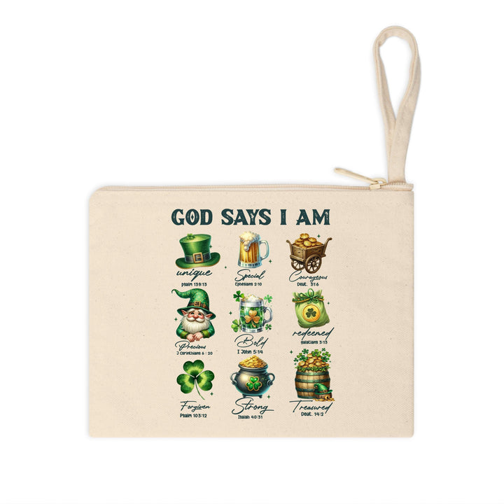 God Says I Am St. Patrick’s Day DTF transfer sheet featuring Christian affirmations, shamrocks, leprechauns, gold pots, and Bible verses for DIY apparel.